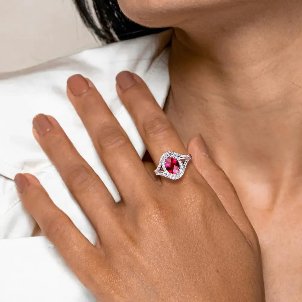 Womens Engagement Ring 925 Sterling Silver Oval Elongated Cushion Cut Sapphire/Ruby/Emerald/Opal Gemstone Anniversary Statement Cocktail Halo Ring Size 6 to 10 (with Gift Box)
