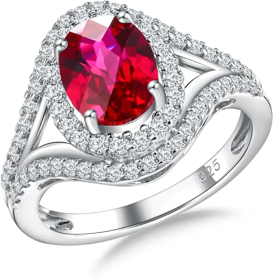 Womens Engagement Ring 925 Sterling Silver Oval Elongated Cushion Cut Sapphire/Ruby/Emerald/Opal Gemstone Anniversary Statement Cocktail Halo Ring Size 6 to 10 (with Gift Box)