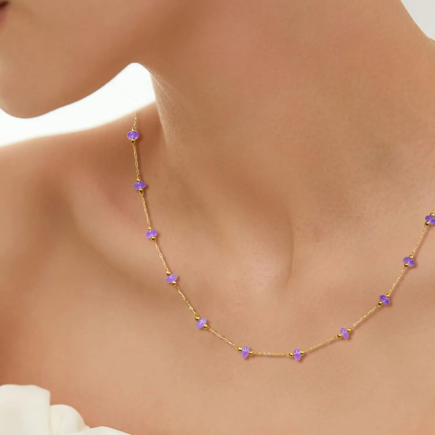 YADUDA Natural Stone Choker Necklace for Women 18K Gold Plated Beaded Necklace Turquoise Malachite Carnelian Aventurine Purple Crystal Stone Tiny Birthstone Choker