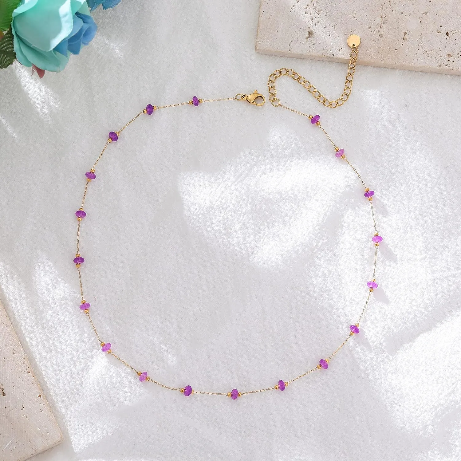 YADUDA Natural Stone Choker Necklace for Women 18K Gold Plated Beaded Necklace Turquoise Malachite Carnelian Aventurine Purple Crystal Stone Tiny Birthstone Choker