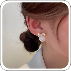 YienDoo Funky Crystal Bow Pearl Earrings Gold Vintage Round Ball Pearls Drop Earrings Minimalist Statement Simulated Pearl Dangle Earrings Bride Bow Studs Pearl Earrings Jewelry for Women