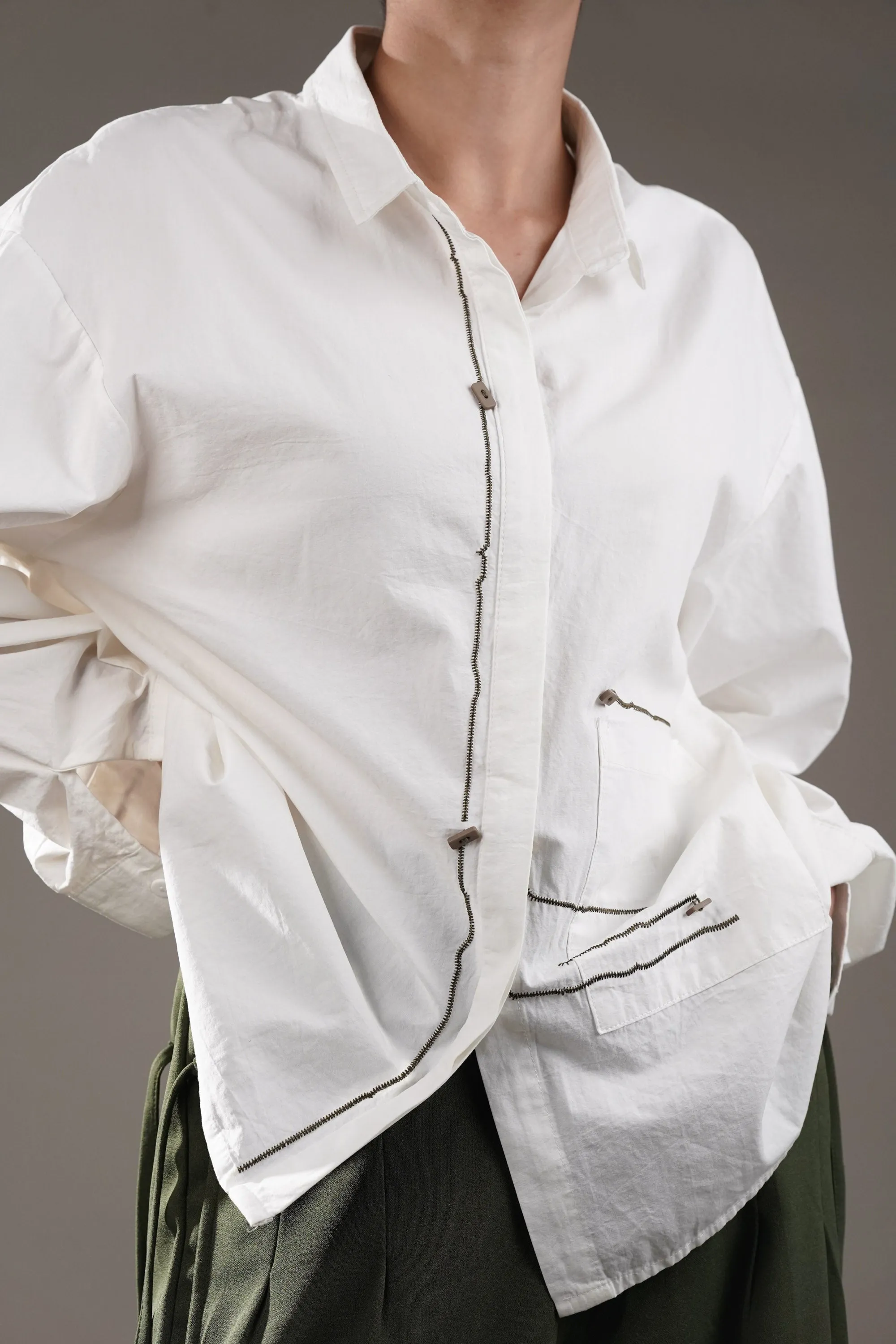 Zigzag Thread Oversized Cotton White Shirt