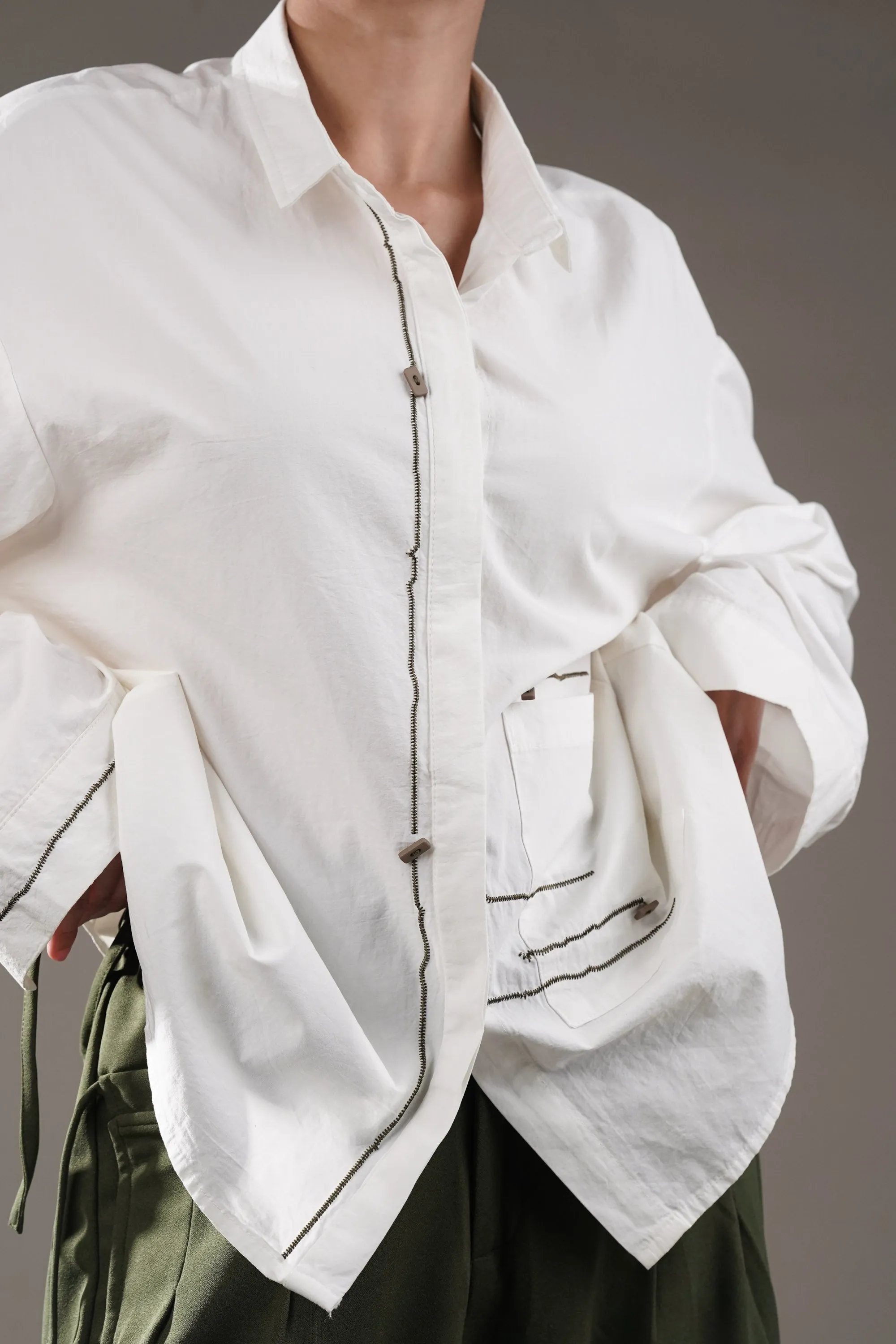Zigzag Thread Oversized Cotton White Shirt