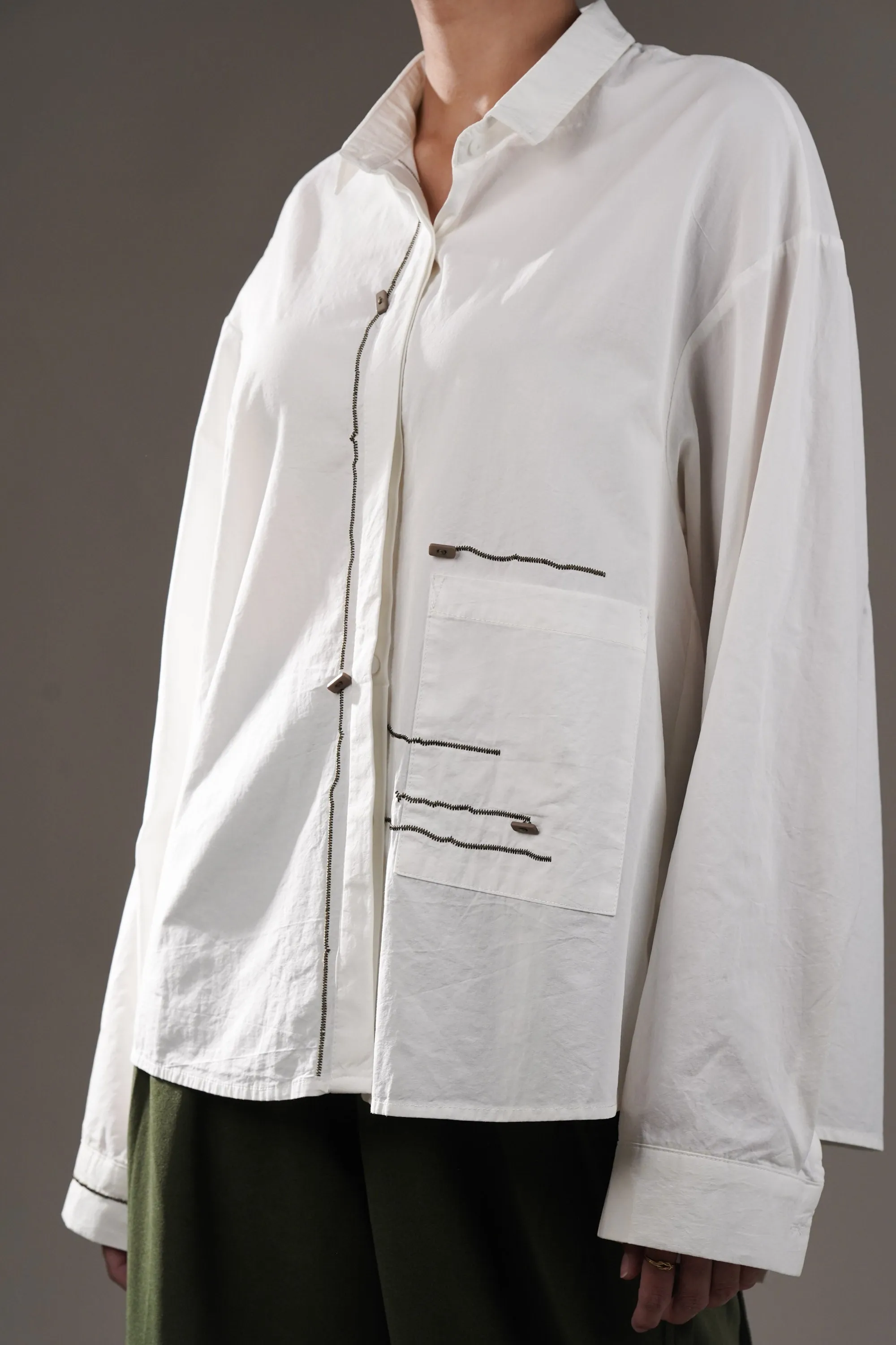 Zigzag Thread Oversized Cotton White Shirt