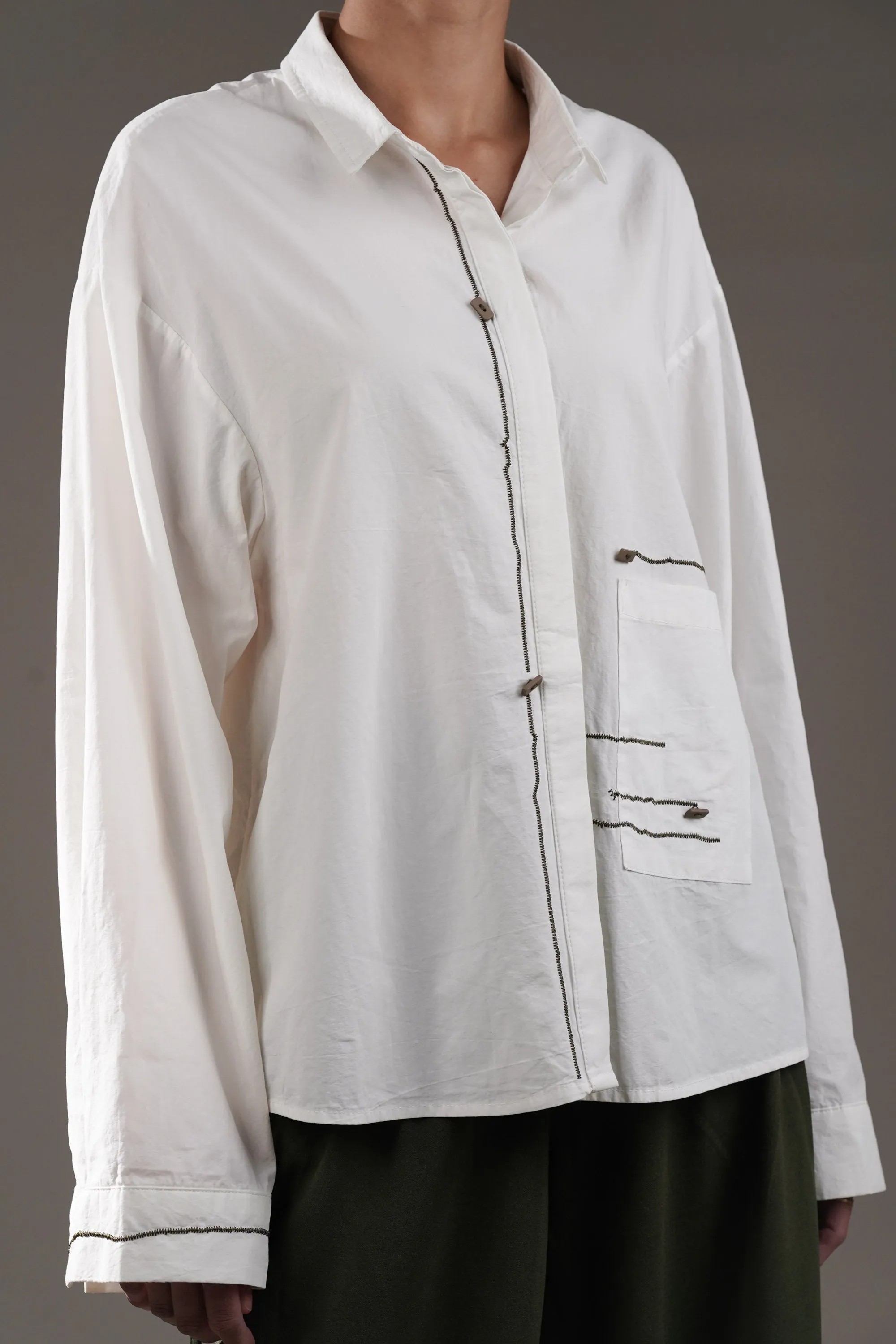 Zigzag Thread Oversized Cotton White Shirt